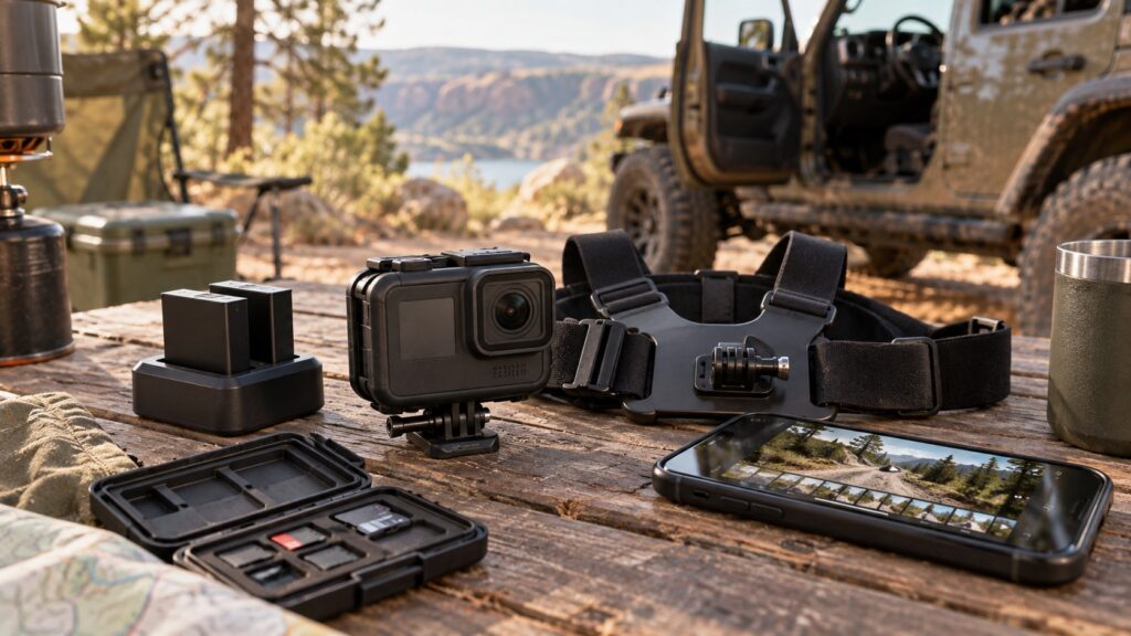 Editorial illustration of a generic action-camera kit with batteries, chest mount and media case