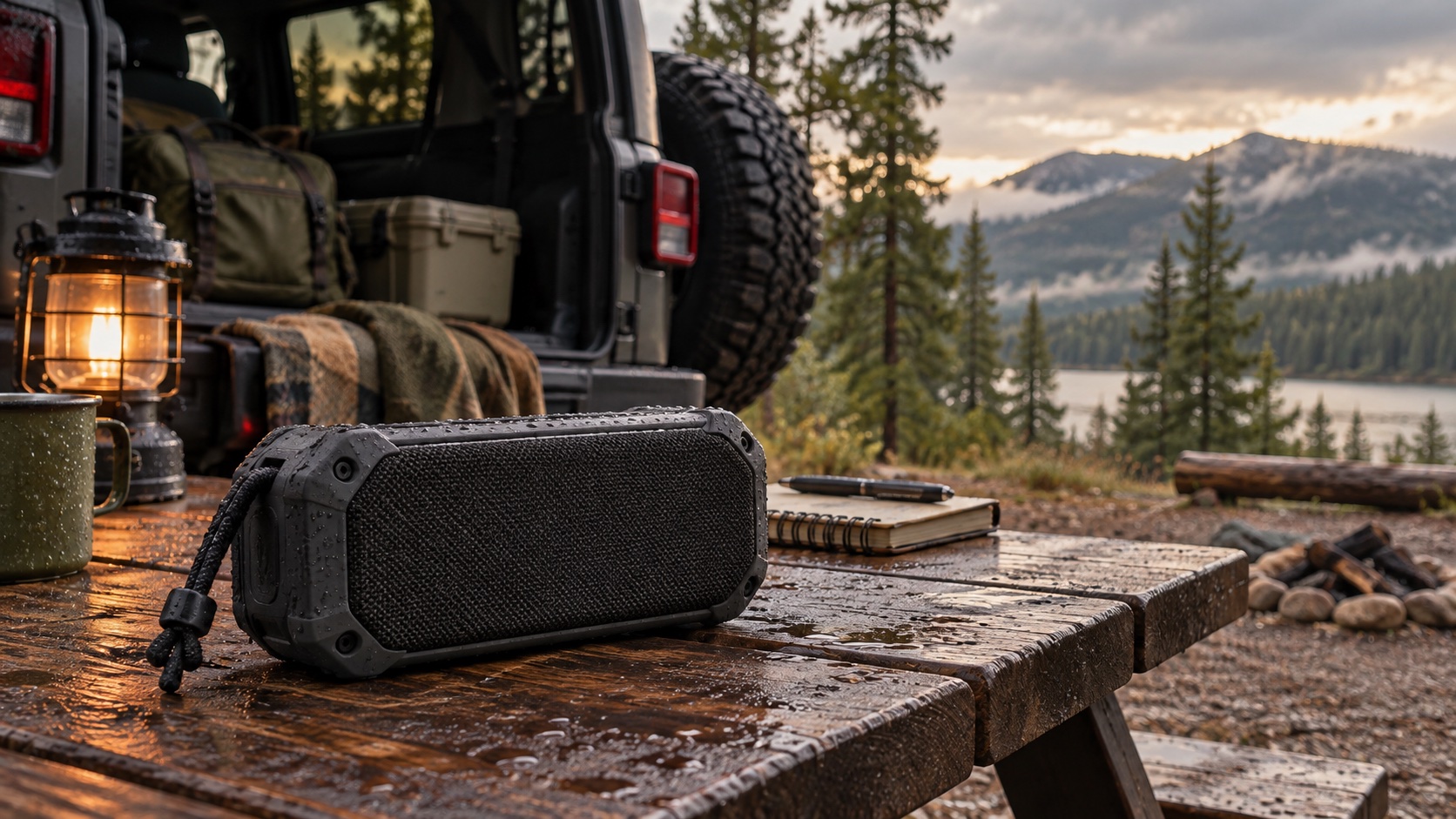 Original editorial image of an unbranded outdoor speaker at a campsite