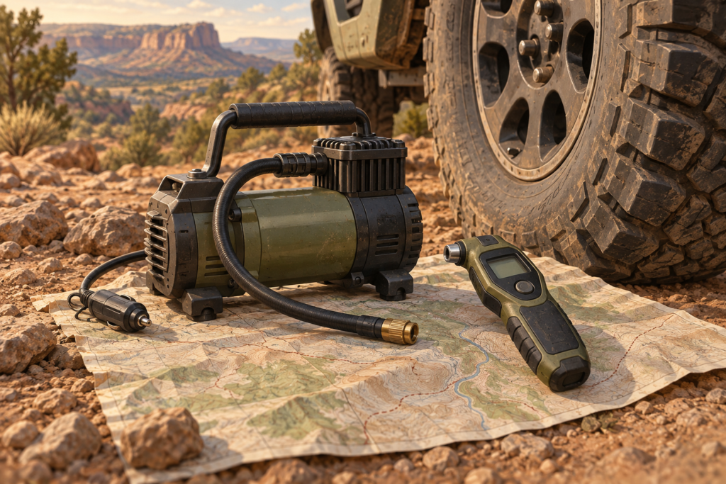Original editorial illustration of portable air compressor and tire-pressure gauge; representative gear, not an exact product photo