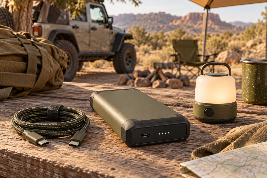 Original editorial illustration of portable USB-C power bank at camp; representative gear, not an exact product photo
