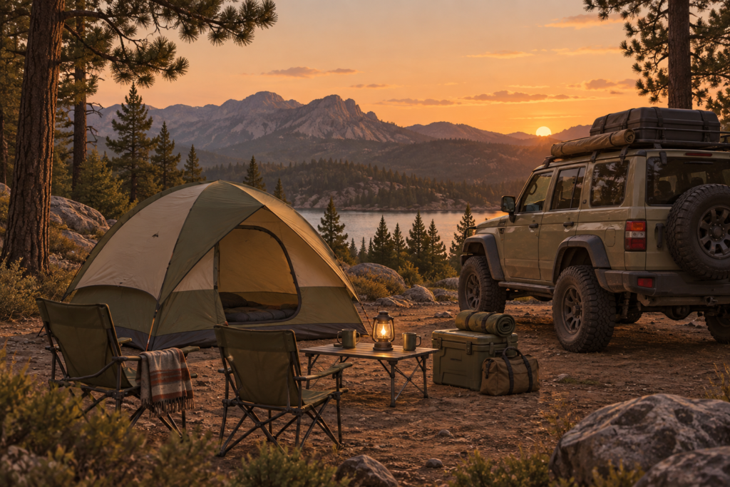 Original editorial illustration of ground tent and practical campsite gear; representative gear, not an exact product photo