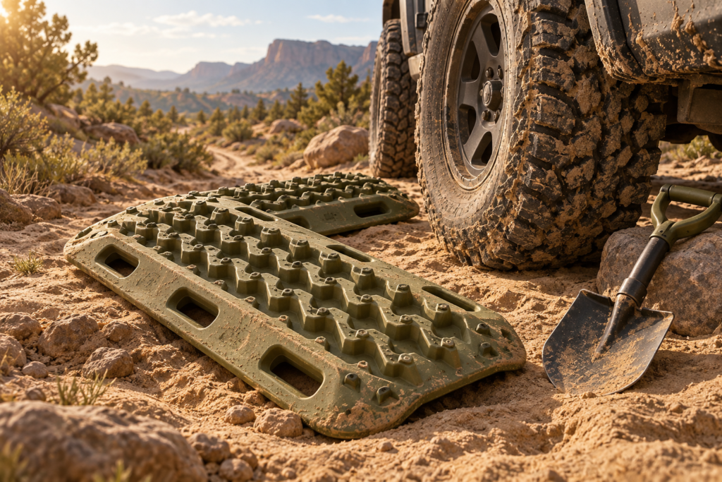 Original editorial illustration of recovery traction boards beside an off-road tire; representative gear, not an exact product photo