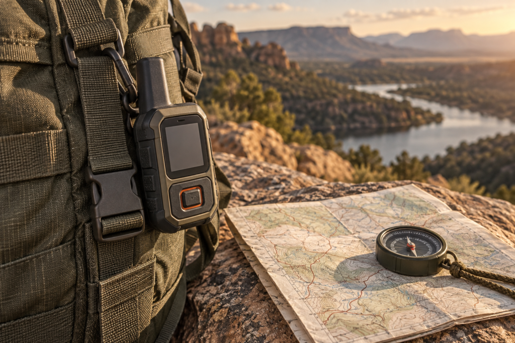 Original editorial illustration of satellite communicator with trail map and compass; representative gear, not an exact product photo