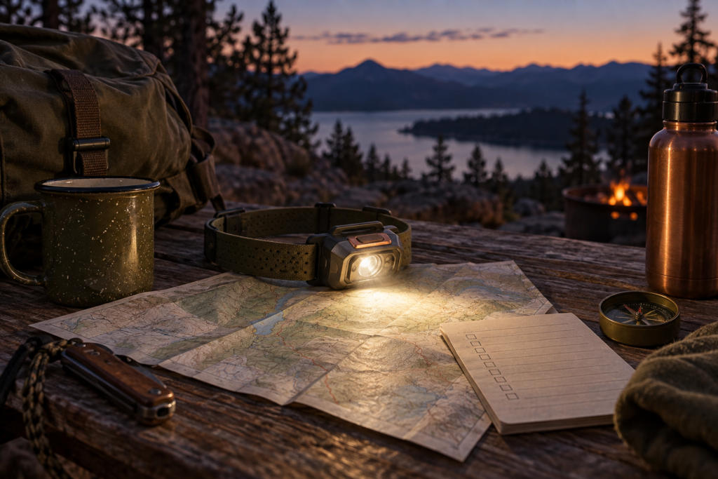 Original editorial illustration of headlamp illuminating a trail map; representative gear, not an exact product photo
